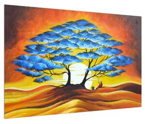 Orientáis kép - kék fa és a nap (90x60 cm)