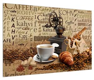 Kávé, kávédaráló és a croissant kép (90x60 cm)