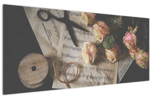 A zenei jegyzetek és a rózsák képe (120x50 cm)