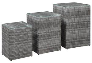 VidaXL 3 db szürke polyrattan kisasztal üveg asztallappal
