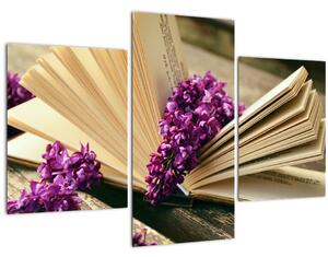 Kép egy könyvröl és a lila virágok (90x60 cm)
