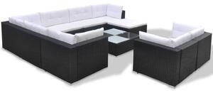 VidaXL 10-részes fekete polyrattan kerti bútorszett párnákkal