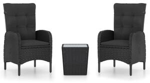 VidaXL 3 részes fekete polyrattan és üveg kerti bisztrószett