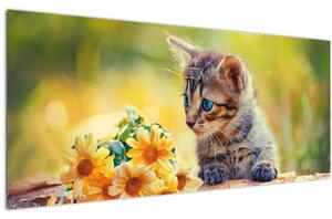 Macska képe ahogy a virágot nézi (120x50 cm)