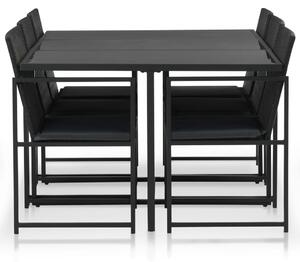 VidaXL 7-részes fekete polyrattan kültéri étkezőszett párnákkal