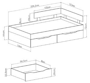 FABIO S14 gyerekágy ágyneműtartóval Szín: Fehér / beton / tölgy, Méret: 90x200