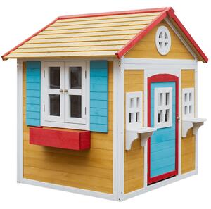 Fából készült kerti ház virágcseréppel, természetes/fehér/kék/piros, AVILO