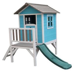 KONDELA Fából készült kerti ház gyerekeknek csúszdával, kék/szürke/fehér, MAILEN