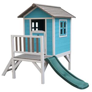 Fából készült kerti ház gyerekeknek csúszdával, kék/szürke/fehér, MAILEN