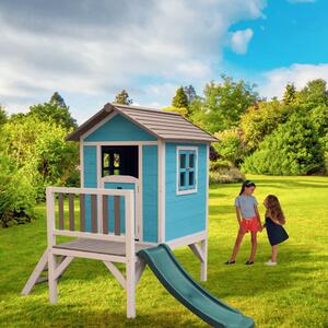 KONDELA Fából készült kerti ház gyerekeknek csúszdával, kék/szürke/fehér, MAILEN