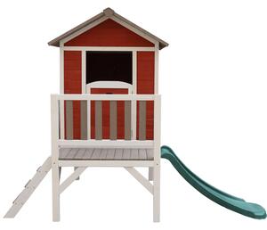 Fából készült kerti ház gyerekeknek csúszdával, piros/szürke/fehér, MAILEN