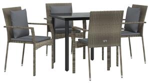 VidaXL 5 részes fekete és szürke polyrattan kerti étkezőszett párnával