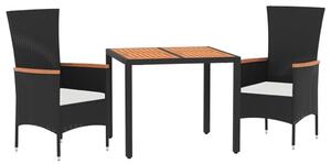 VidaXL 3 részes fekete polyrattan kerti étkezőgarnitúra párnákkal
