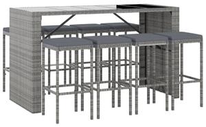 VidaXL 9 részes szürke polyrattan kerti bárszett párnával