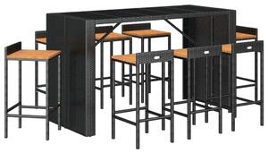 VidaXL 9 részes fekete polyrattan és tömör akácfa kerti bárszett