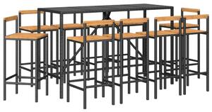 VidaXL 11 részes fekete polyrattan és tömör akácfa kerti bárszett