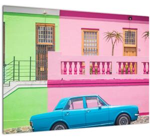 Autó képe - színes házak (üvegen) (70x50 cm)
