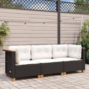 VidaXL fekete 3 személyes polyrattan kerti kanapé párnákkal
