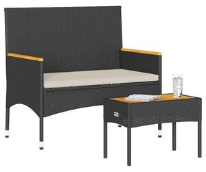 VidaXL 2 személyes fekete polyrattan kerti pad párnával és asztallal