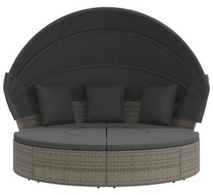 VidaXL szürke polyrattan kültéri napozóágy napellenzővel és párnákkal