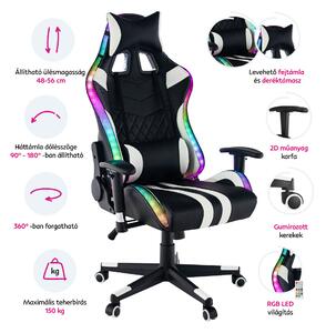 KONDELA Irodai/gamer szék RGB háttérvilágítással, fekete/fehér/színes minta, ZOPA