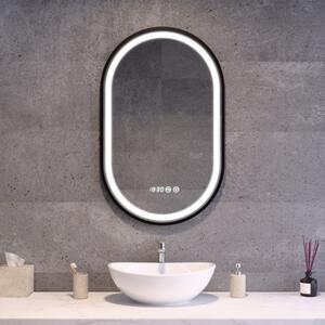 Ovális LED tükör fekete kerettel 50x80cm | Páramentesítő - Óra - Fényerő és színhőmérséklet szabályozás | Welland Type-3T