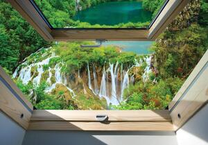 Fotótapéta - Kilátás egy vízesésre és az erdő ablakára (152,5x104 cm)