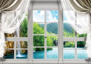 Fotótapéta - Kilátás a vízesésre az ablakból (152,5x104 cm)