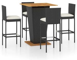 VidaXL 5 részes fekete polyrattan kerti bárszett párnákkal