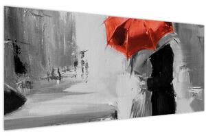 Kép - Szerelmespár egy esernyő alatt, piros (120x50 cm)