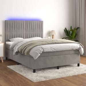 VidaXL világosszürke bársony rugós és LED-es ágy matraccal 140x190 cm