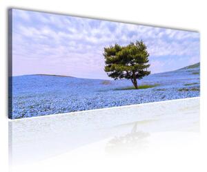 150x50 cm - Kék virágok és fa vászonkép