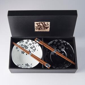 Sakura 2 db-os fekete-fehér kerámia tálka és evőpálcika szett - MIJ