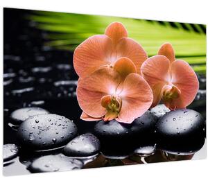 Kép - Narancssárga orchidea pálmalevelekkel (90x60 cm)