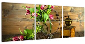Tulipánok, daráló és kávé képe (órával) (90x30 cm)