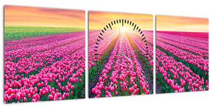 Tulipán mező és a nap képe (órával) (90x30 cm)