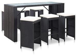 VidaXL 7 részes fekete polyrattan kerti bárszett párnákkal