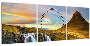 Kép a hegyekről és vízesésekről Izlandon (órával) (90x30 cm)