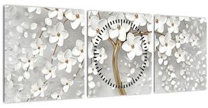 Fehér fa virágokkal képe (órával) (90x30 cm)