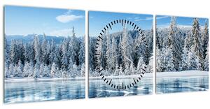 Kép a befagyott tóról és a havas fákról (órával) (90x30 cm)