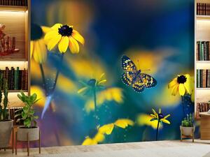 Fotótapéta - Sárga virágok pillangóval (296x200 cm)