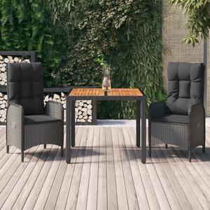 3 részes fekete polyrattan kerti étkezőgarnitúra párnákkal