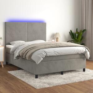 Világosszürke bársony rugós és LED-es ágy matraccal 140x200 cm
