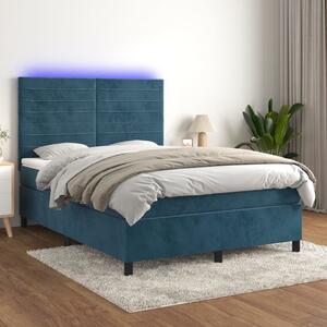 Sötétkék bársony rugós és LED-es ágy matraccal 140x200 cm
