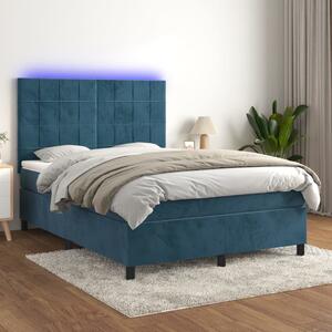 Sötétkék bársony rugós és LED-es ágy matraccal 140x190 cm