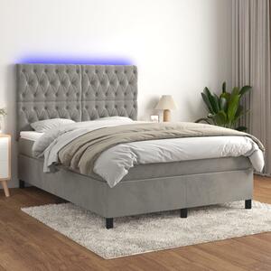 Világosszürke bársony rugós és LED-es ágy matraccal 140x190 cm