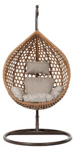Kerti függő fotel kicsi, bézs színű műrattan, bézs színű szövet huzat, barna fémszerkezet