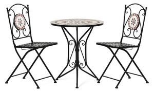 Kerti szett, asztal + 2 szék, kerámia mozaikkal, fémszerkezet, matt fekete lakk