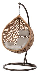 Kerti függő fotel kicsi, bézs színű műrattan, bézs színű szövet huzat, barna fémszerkezet