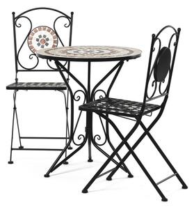Kerti szett, asztal + 2 szék, kerámia mozaikkal, fémszerkezet, matt fekete lakk